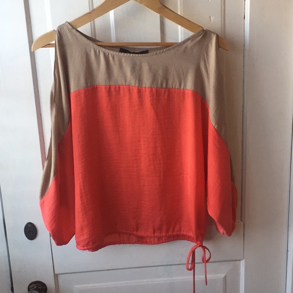 BCBG salmon and tan cut out sleeve blouse - Picture 1 of 5